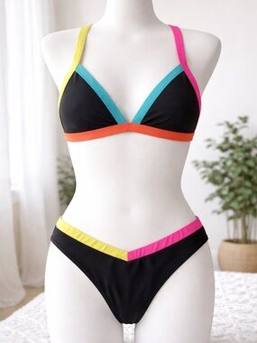 Black Colorblock Triangle Bikini with Neon Trim